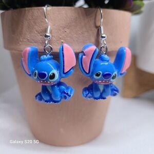 Handcrafted Stitch Earrings Blue Silver Tone Cartoon Fun Novelty Jewelry NWOT‎